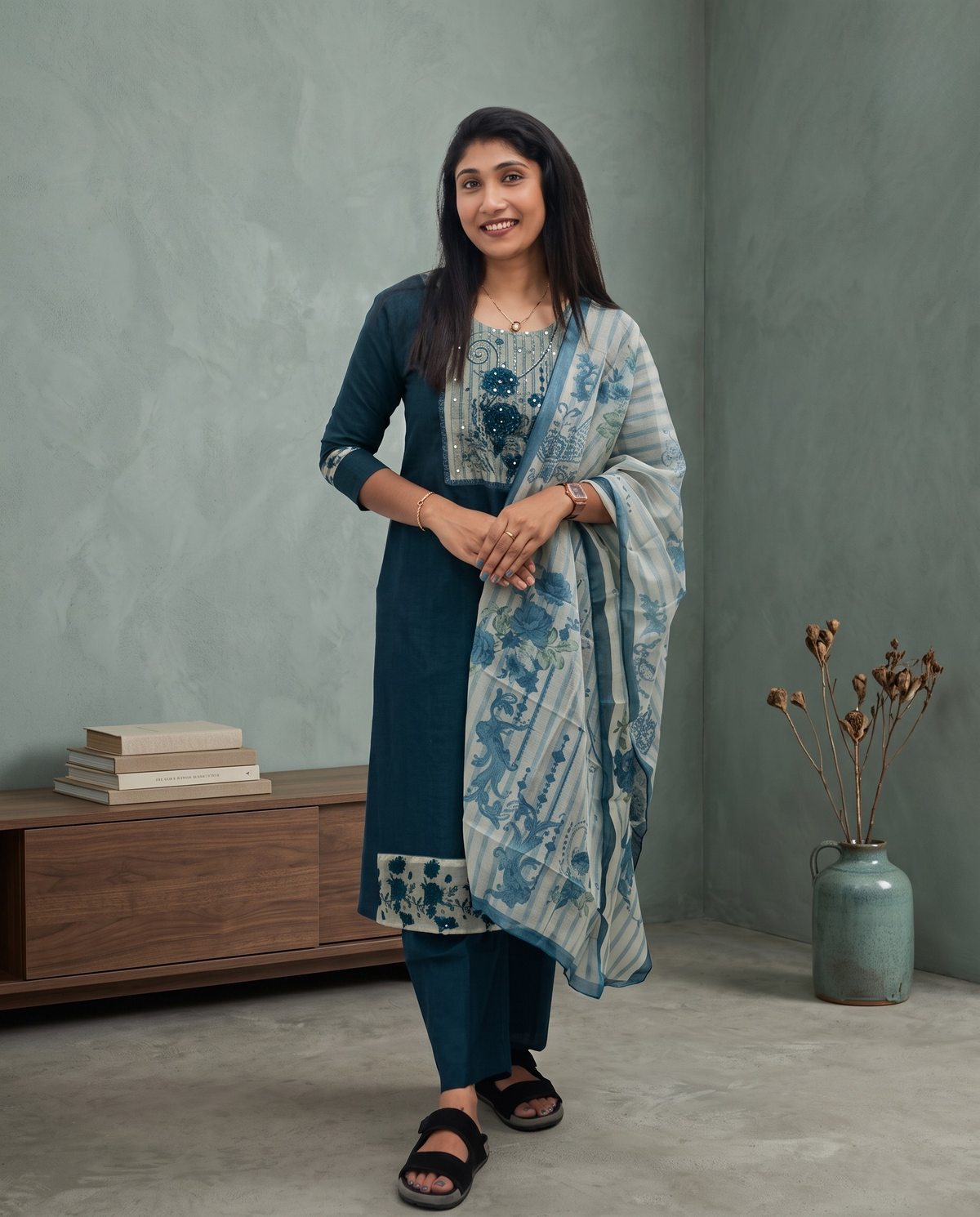 Soft Cotton Churidar With Organca Shall