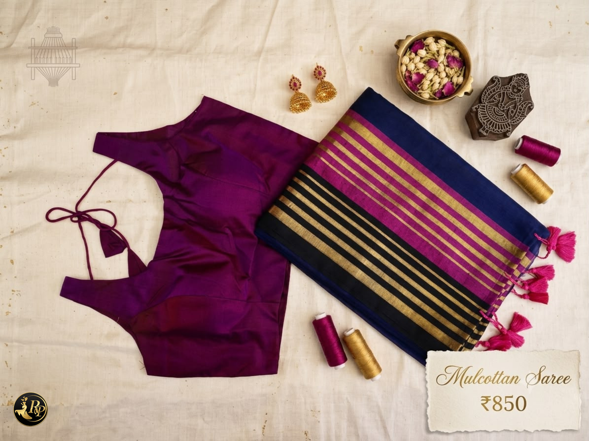 Wine & Navy Blue Gold-Striped Mulcotton Saree