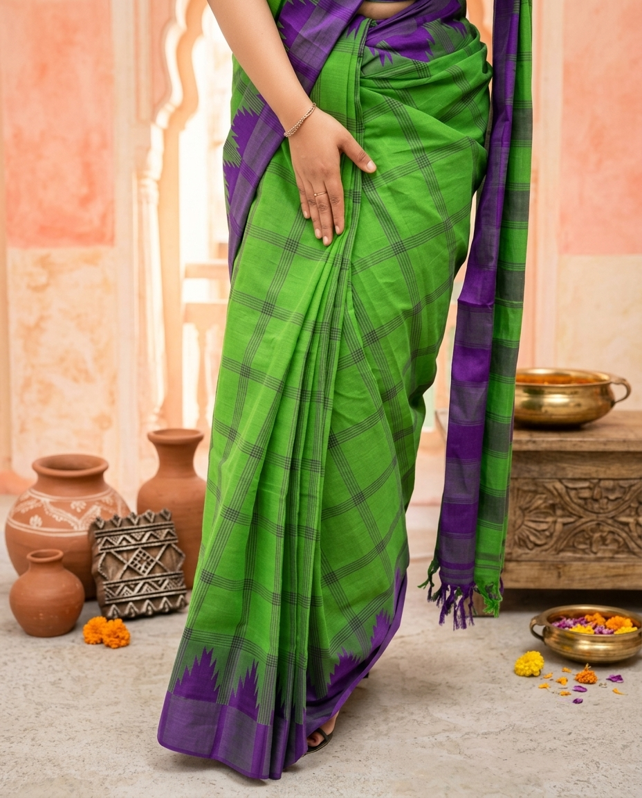 Check Cotton Saree Without Blouse