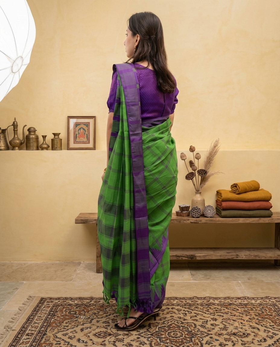 Check Cotton Saree Without Blouse