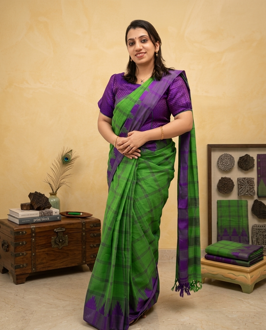 Check Cotton Saree Without Blouse