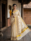 Golden Blossom Embroidered Kasavu Onam Saree