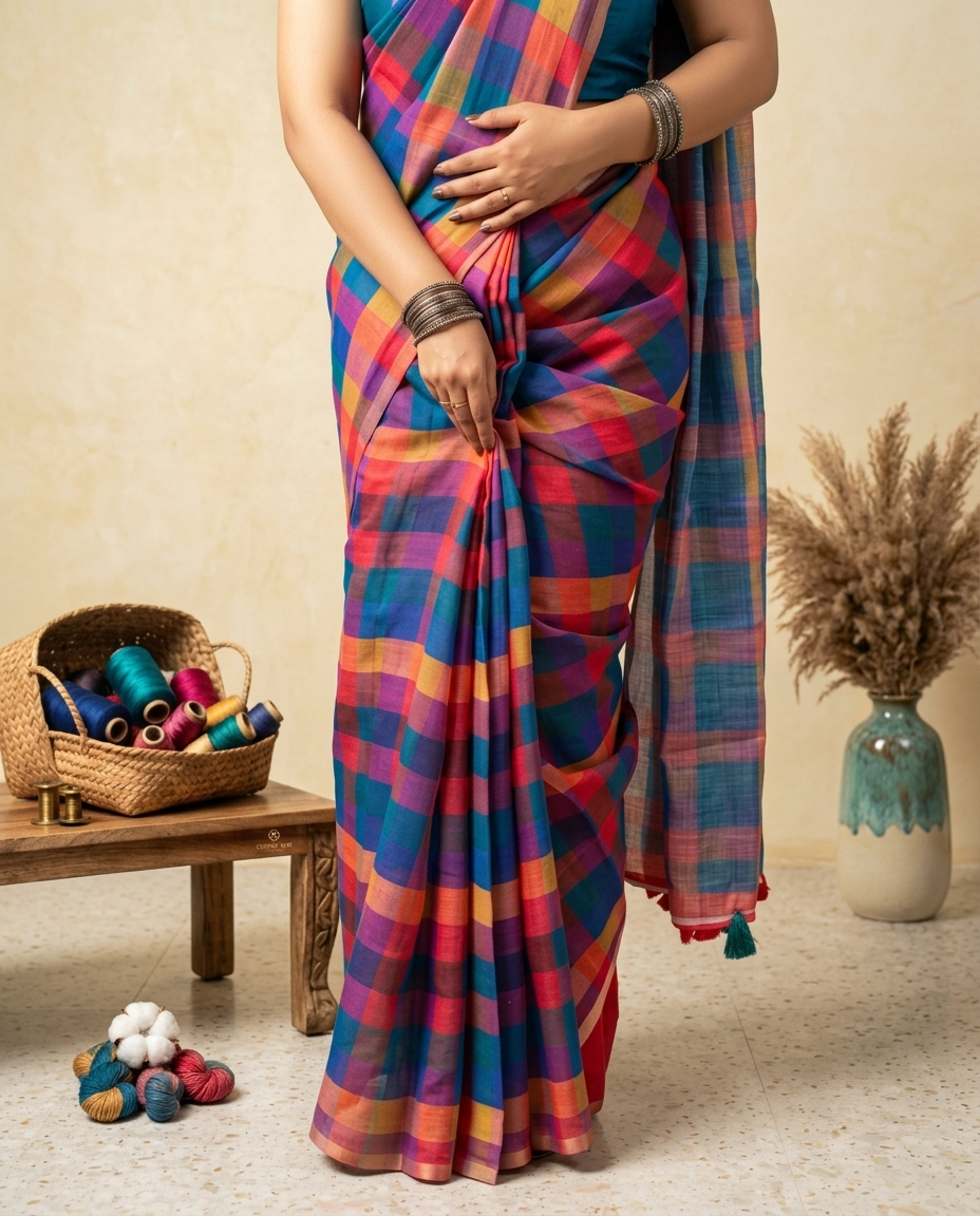 Madras Check Linen Saree Without Blouse