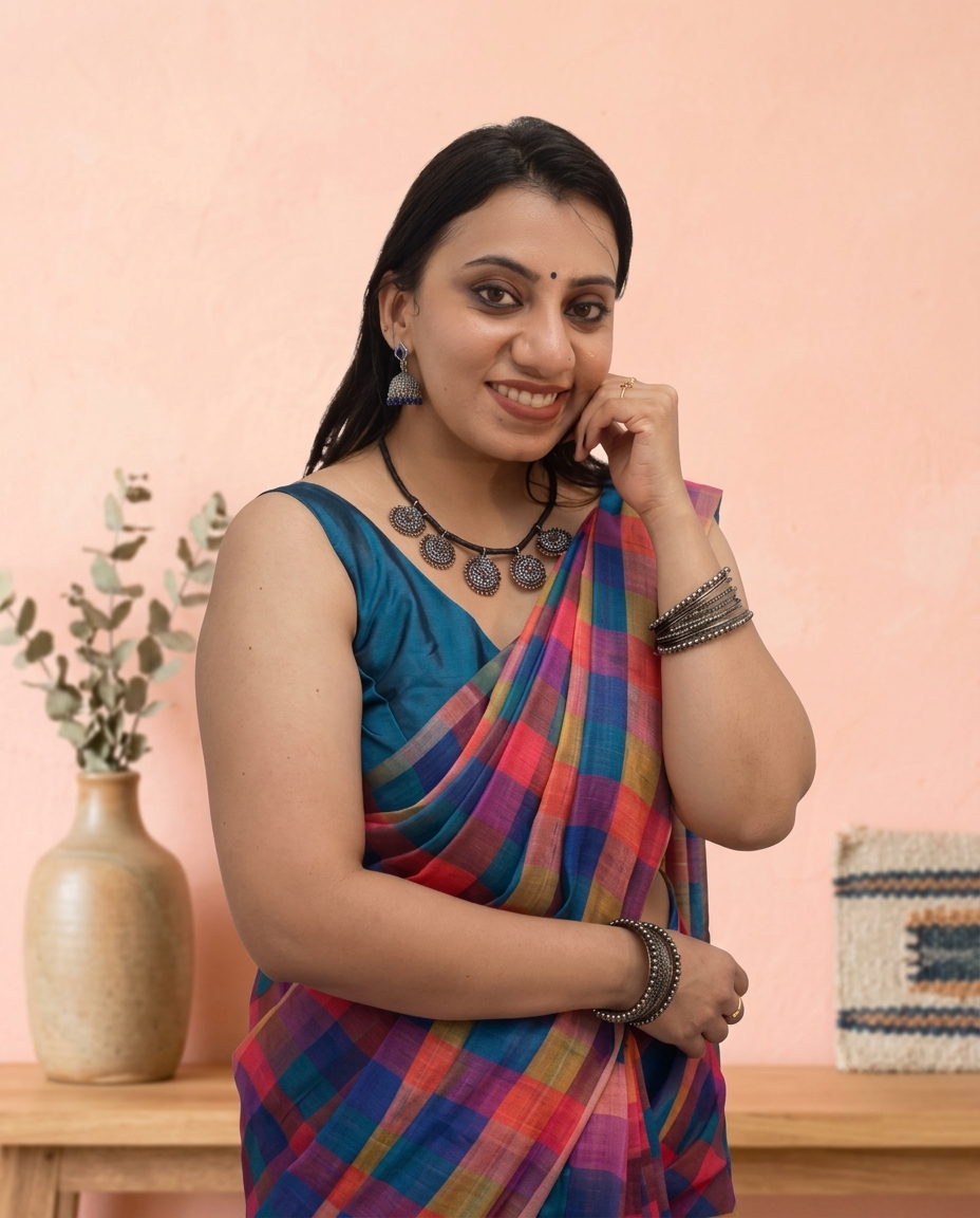 Madras Check Linen Saree Without Blouse