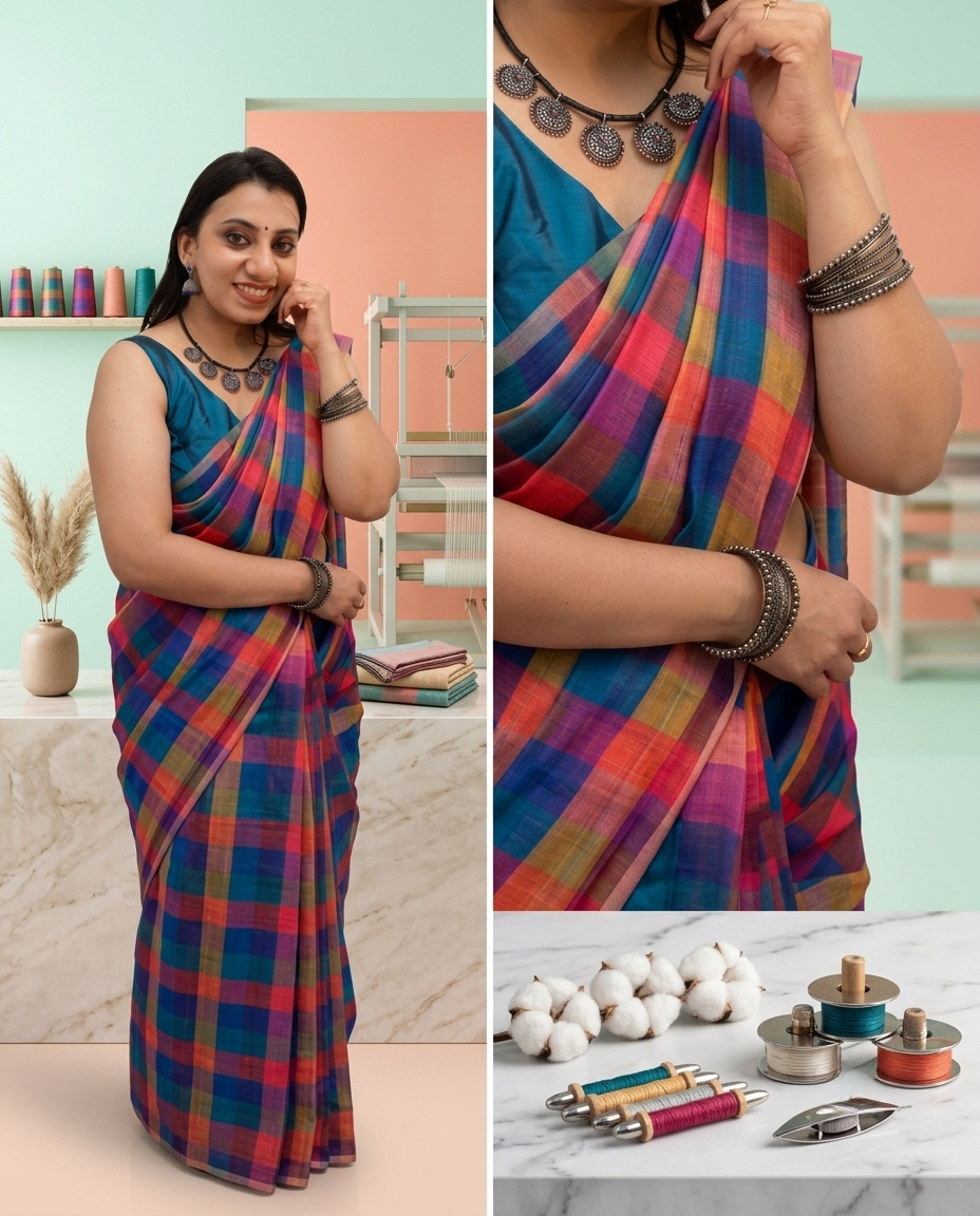 Madras Check Linen Saree Without Blouse
