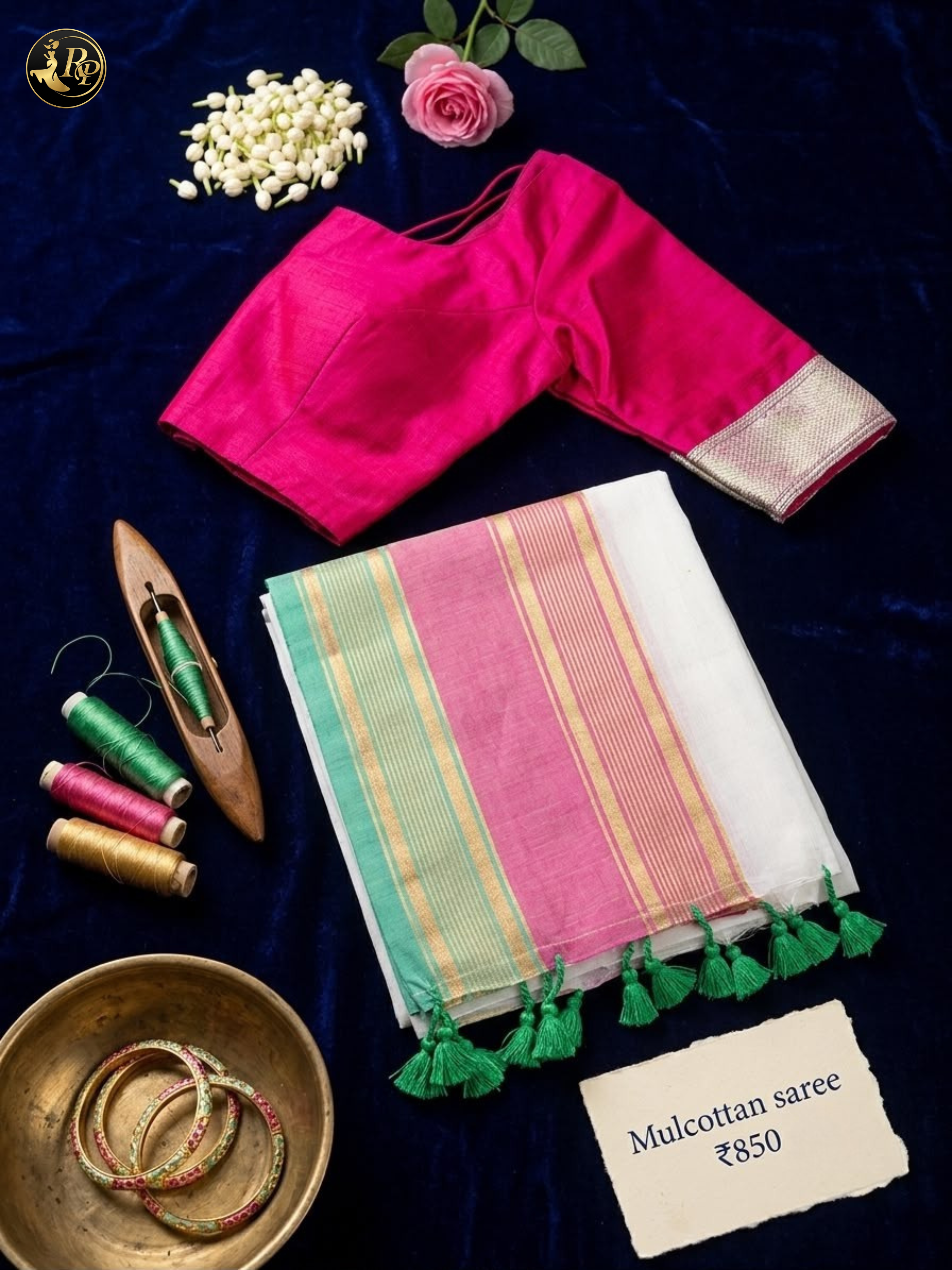 Pink & Mint Striped Mulcotton Saree