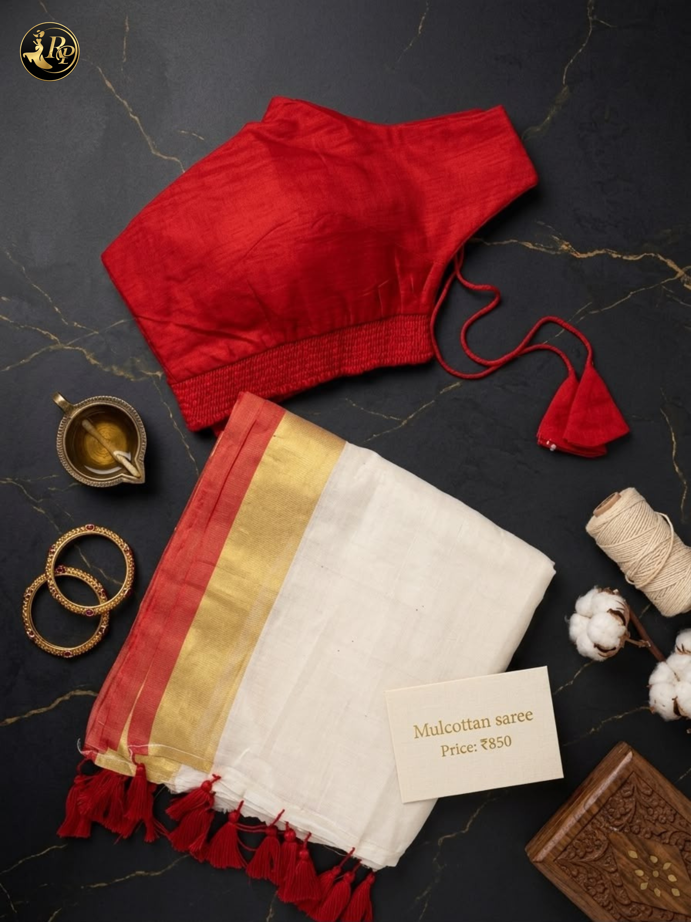 Ruby Red & Gold Mulcotton Saree