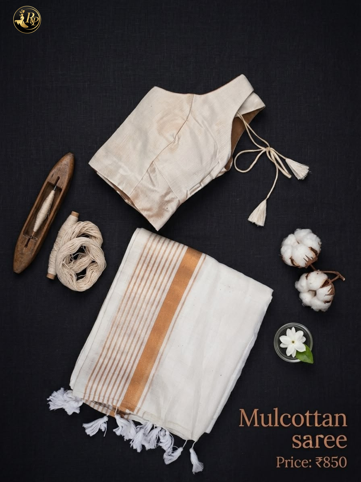 Ivory & Gold Striped Mulcotton Saree