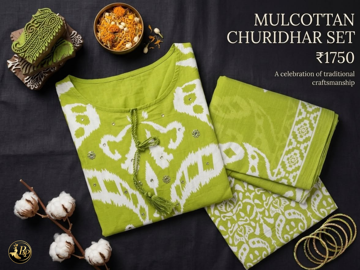 Lime Green & White Printed Mulcotton Churidhar Set