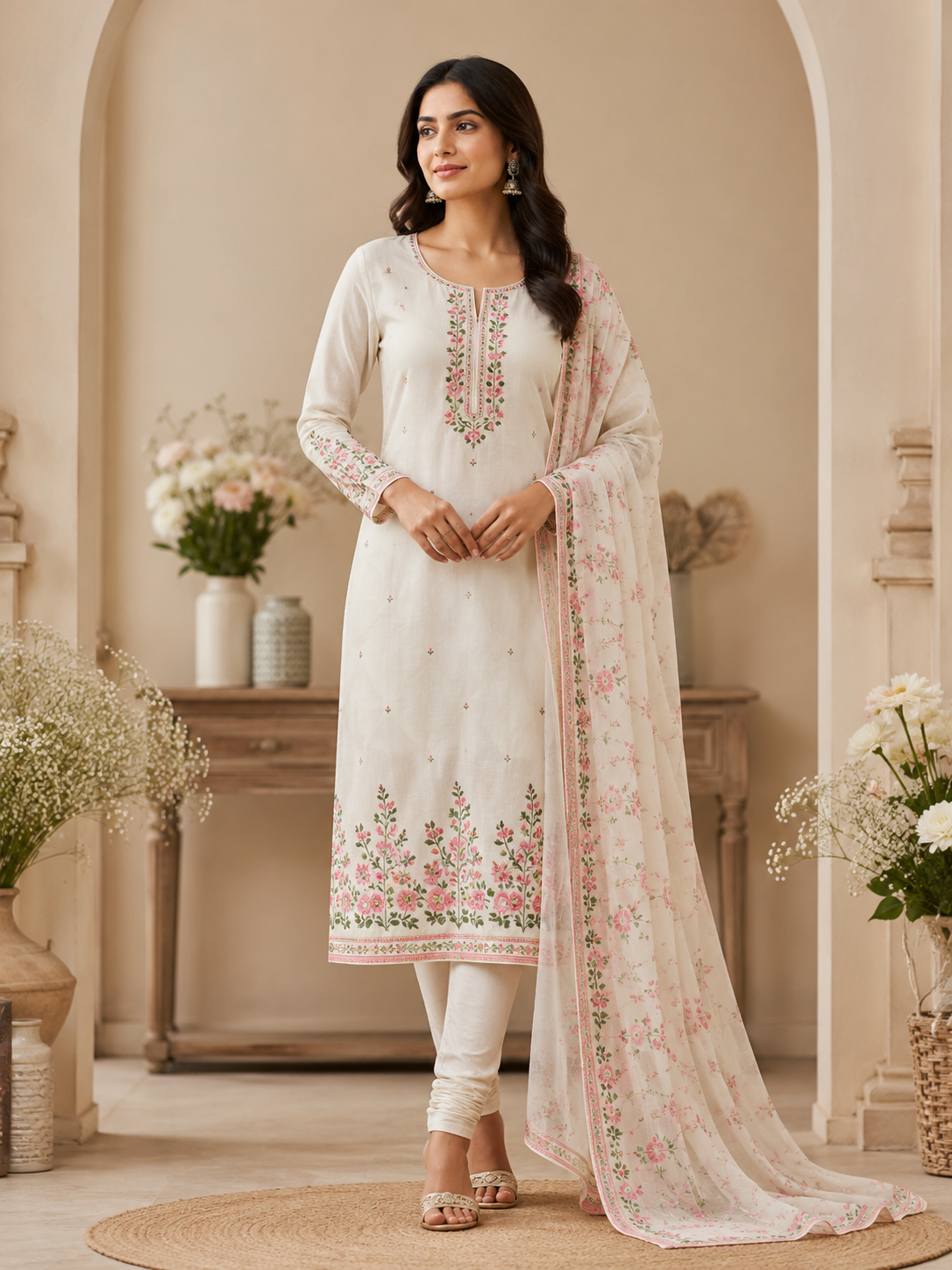 Floral Embroidered Cotton Churidar Set
