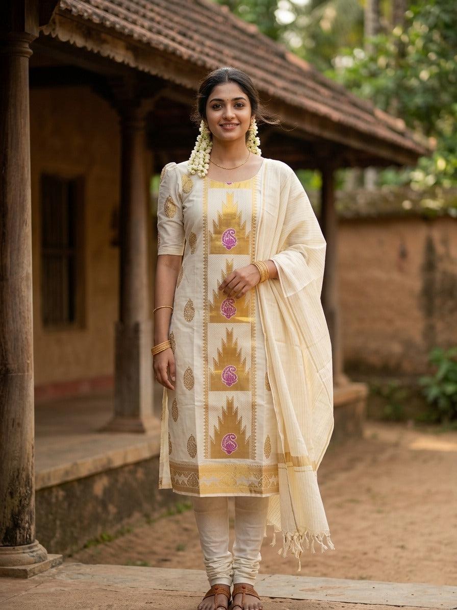 Royal Paisley Kasavu Onam Churidar Set
