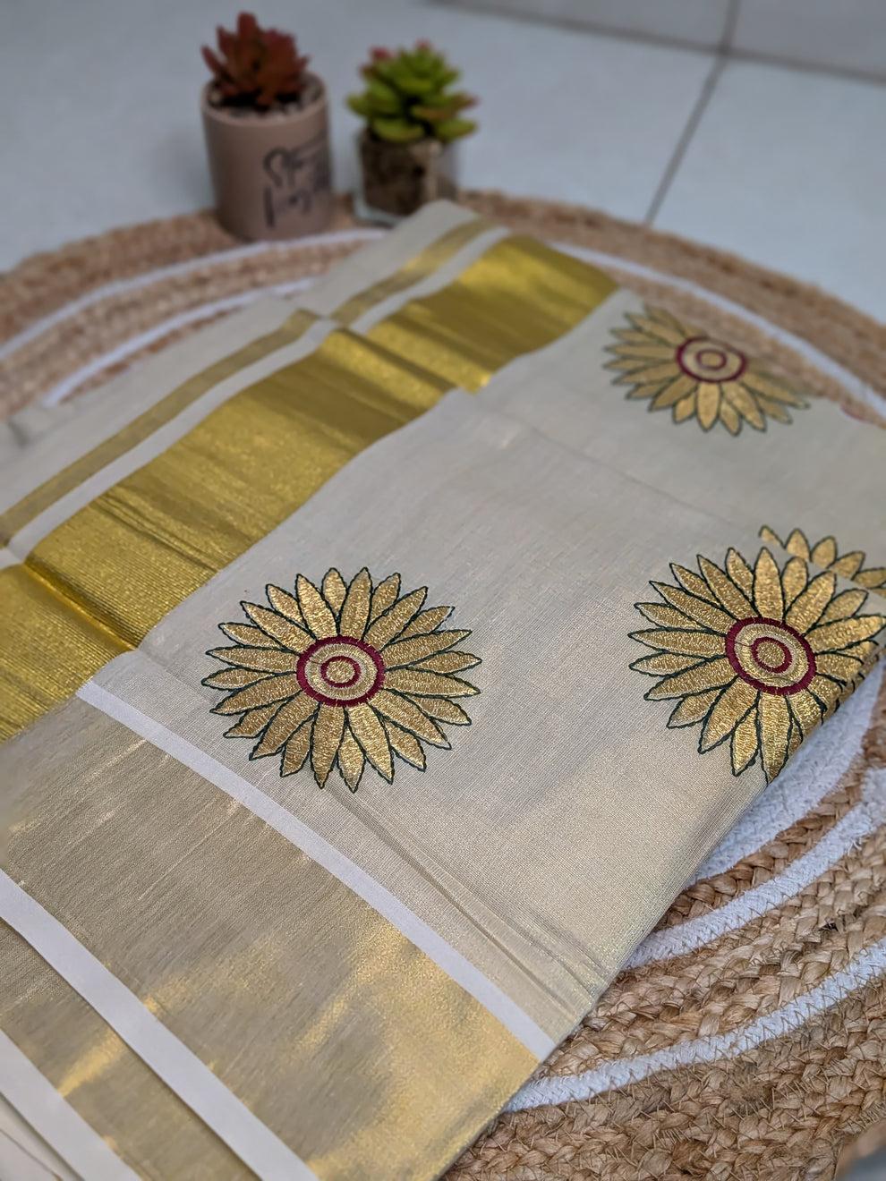 Golden Bloom Embroidered Kasavu Onam Saree
