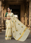 Golden Lotus Embroidered Kasavu Onam Saree