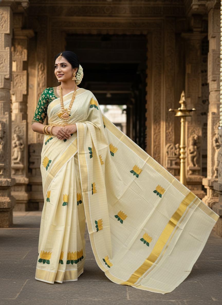 Golden Lotus Embroidered Kasavu Onam Saree