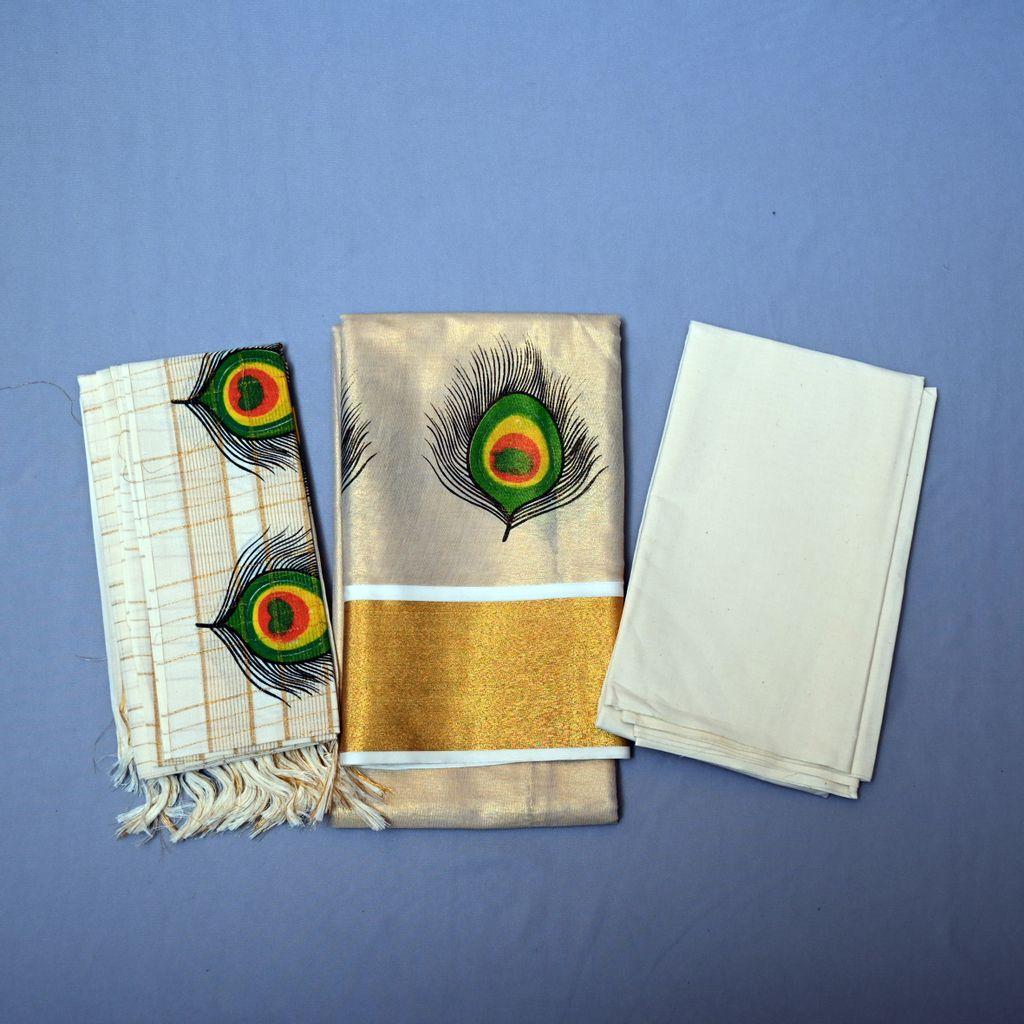 Mayura Feather Kasavu Onam Churidar Material Set